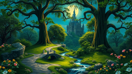 Fantasy landscape with castle, river and green trees in the forestの写真素材