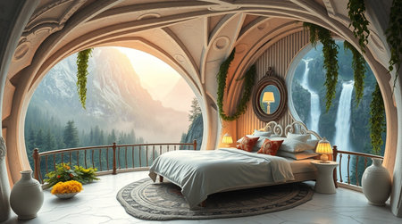 3d rendering of a bedroom interior with a beautiful view of the mountainsの写真素材
