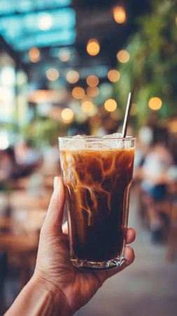 Iced coffee in a glass cup in coffee shop, stock photoの写真素材