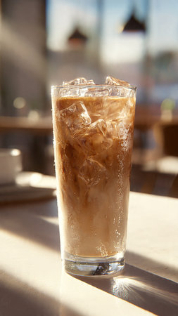 Ice coffee in a glass on the table in the morning light.