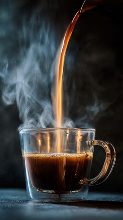Coffee pouring into a cup with smoke on a dark backgroundの写真素材