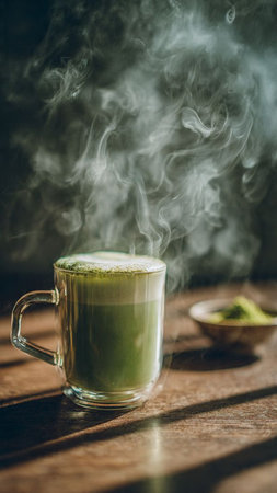 Hot matcha latte in glass cup with steam on wooden tableの写真素材