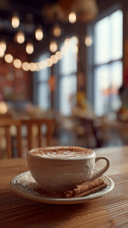 Coffee cup with cinnamon on wooden table in coffee shop.の写真素材