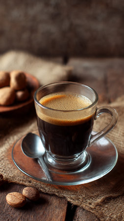 Coffee cup with almonds on rustic wooden background, selective focusの写真素材