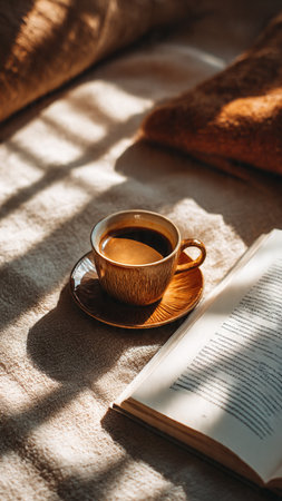 Cup of coffee, book and blanket on the bed in the morning.の写真素材