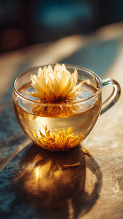 Cup of herbal tea with chrysanthemum on wooden tableの写真素材