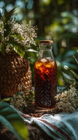 Iced tea in a glass bottle on a table in a gardenの写真素材