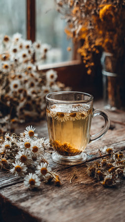 Herbal tea with chamomile flowers on rustic wooden table.の写真素材