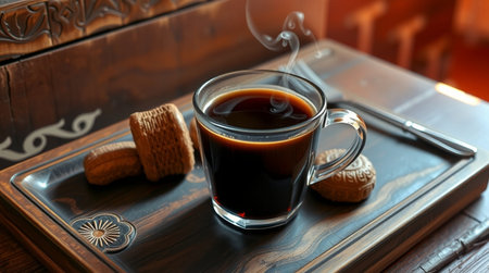 Cup of coffee with cookies on wooden tray, close-upの写真素材