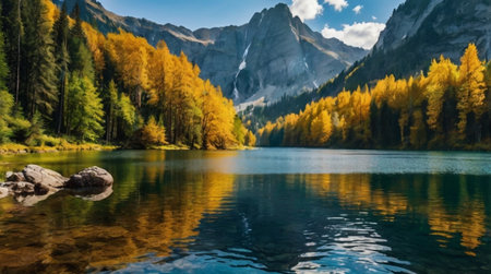 panoramic view of alpine lake in autumn, Italy.の写真素材
