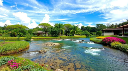 Panoramic view of beautiful tropical garden with pond and green grass.