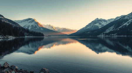 Mountains reflected in the lake, Canadian Rockies, Alberta, Canadaの写真素材