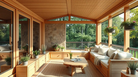 Interior of a wooden terrace with a sofa and a tableの写真素材