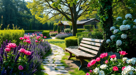 Beautiful spring garden with blooming flowers and a wooden bench.の写真素材