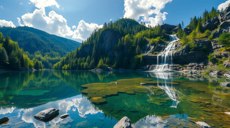 Mountain lake with a waterfall in the mountains. Beautiful landscape.