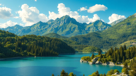 Panoramic view of turquoise lake in the mountains.の写真素材