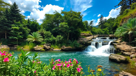 Panoramic view of the beautiful waterfall in the botanical gardenの写真素材