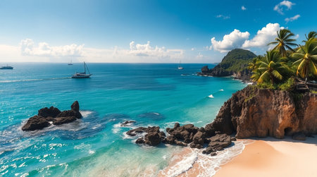 Panorama of beautiful tropical beach with turquoise water, palm trees and yachtsの写真素材