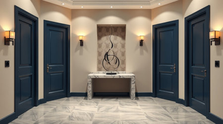 3D rendering of a room with a desk and blue doors