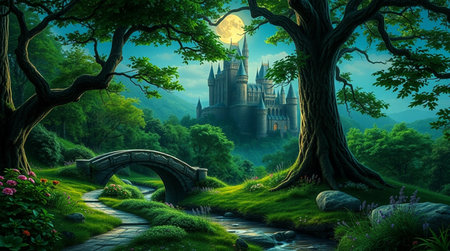 Magic castle in the forest. Fantasy landscape with castle, bridge and pathの写真素材