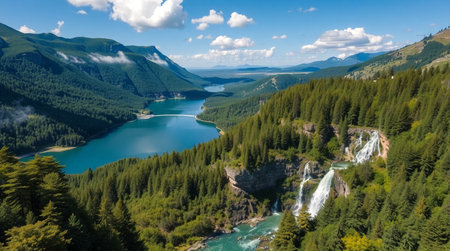 Aerial view of the turquoise lake in the mountains.の写真素材