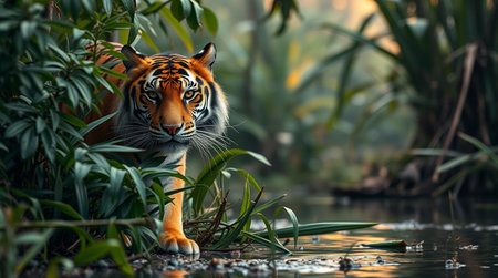 Close up of a tiger standing in a pond and looking at the cameraの写真素材