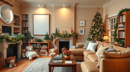 Living room interior with Christmas tree and fireplace. 3D rendering.の写真素材