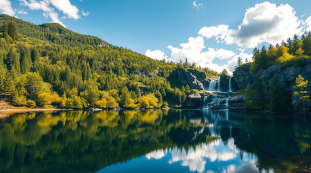 Mountain lake with a waterfall in the mountains.の写真素材