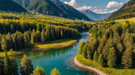Aerial view of mountain river and forest. Beautiful landscape with mountain river.