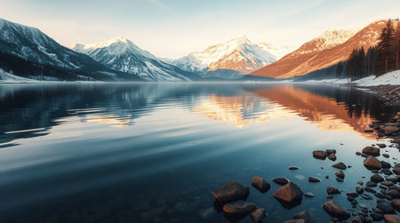 Mountain lake at sunset. Landscape with snow-capped mountain peaks.の写真素材