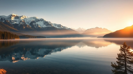 Mountains reflected in the lake. Mountain lake in the morning.の写真素材