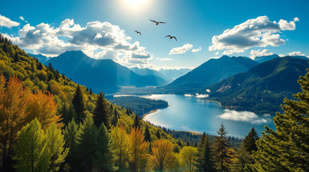 panoramic view of the lake in the mountains in autumn.の写真素材