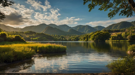 Landscape view of a lake and mountains in the background at sunsetの写真素材