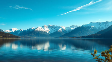 Mountains reflected in Lake Wakatipu, Queenstown, New Zealandの写真素材