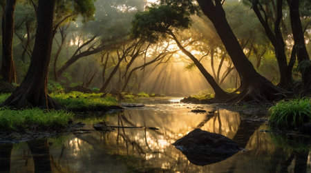Sunrise over the river in the jungle of Sri Lanka, Asia