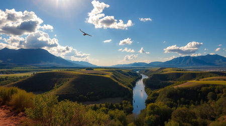Panoramic view of the river and mountains on a sunny dayの写真素材
