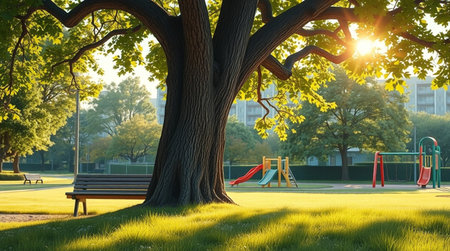 Sunset in the park with a bench and a swing.の写真素材