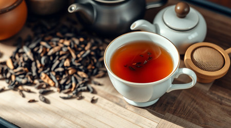 Cup of tea and teapot on wooden table, closeupの写真素材