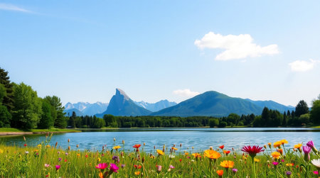 Beautiful summer landscape with mountains, lake and flowers in the foregroundの写真素材