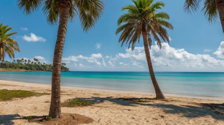 Palm trees on a tropical beach with turquoise water and white sandの写真素材