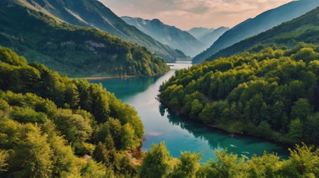 Beautiful view of the lake in the mountains. Summer landscape.の写真素材