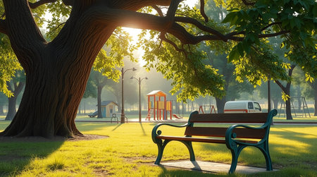 Bench under the tree in the park. 3d render. Illustration.の写真素材