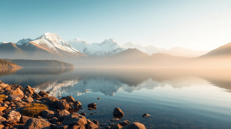 Mountain lake at sunrise, New Zealand. Beautiful natural landscape.の写真素材