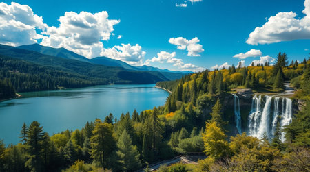 Panoramic view of a beautiful lake surrounded by forest and mountainsの写真素材