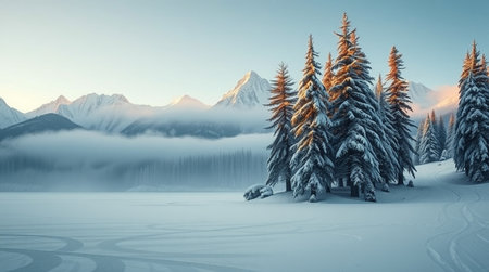 Fantastic winter landscape with snowy fir trees. 3d renderingの写真素材