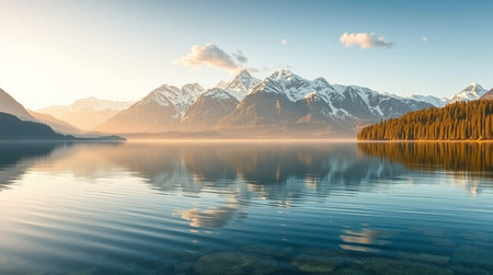 Mountain lake at sunrise. Panoramic view of Mount Cook, New Zealandの写真素材