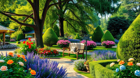 Luxury flower garden in summer with bench and colorful flowers.の写真素材
