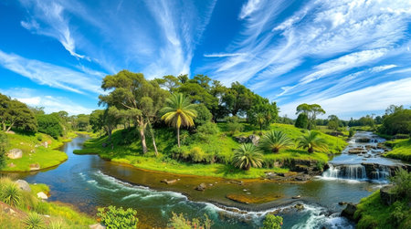 Fantastic landscape with small waterfall and palm trees