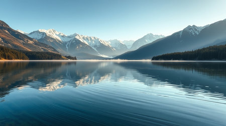 Mountain lake with reflection of snow-capped mountains in the waterの写真素材