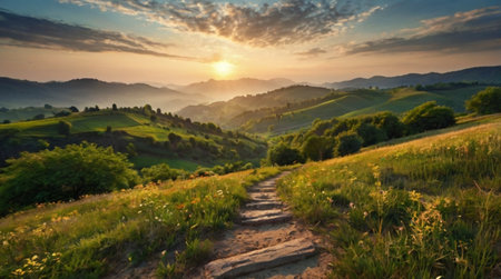 Beautiful summer landscape. Sunrise over the hills.